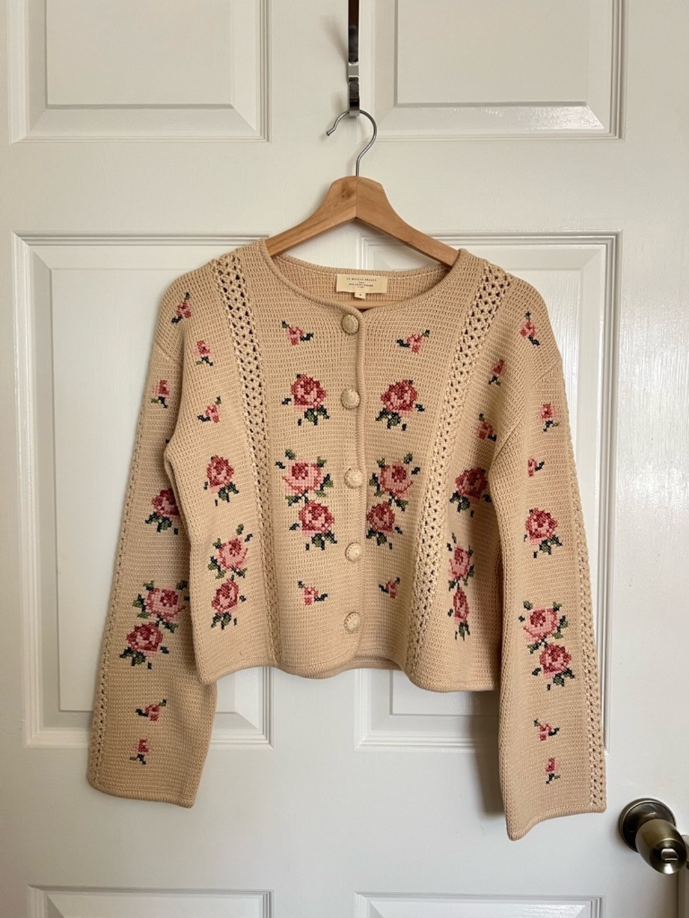 Sezane Cream Floral Knit Button-Front Women's Sweater